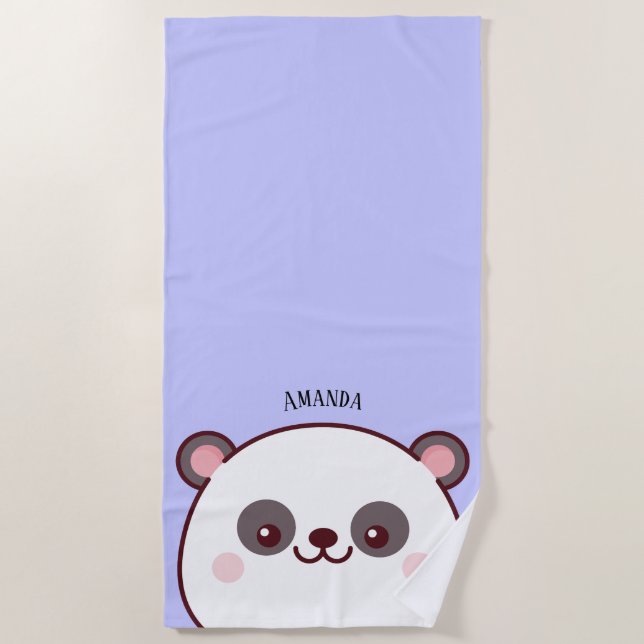 Kawaii Panda Personalized Kids Purple  Beach Towel (Front)