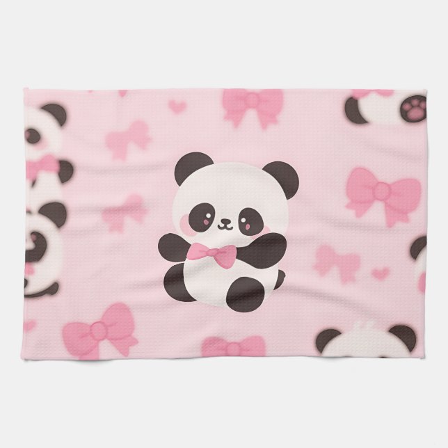 Kawaii Panda Pink Bow Pattern Kitchen Towel (Horizontal)