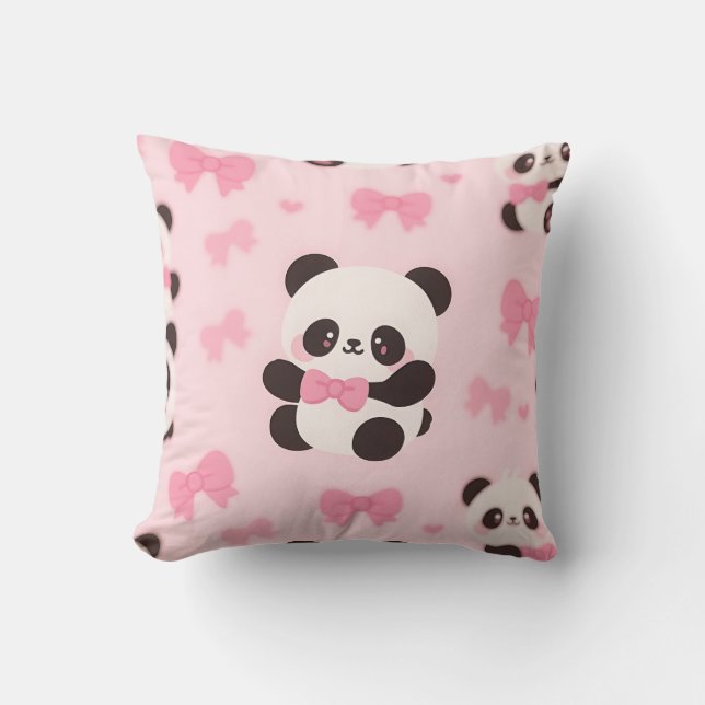Kawaii Panda Pink Bow Pattern Throw Pillow (Front)