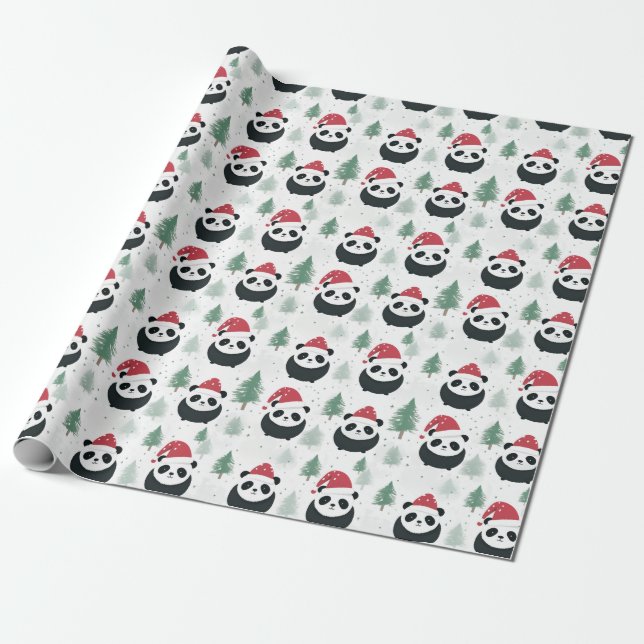 Kawaii Panda Santa Winter holiday pattern  Wrapping Paper (Unrolled)