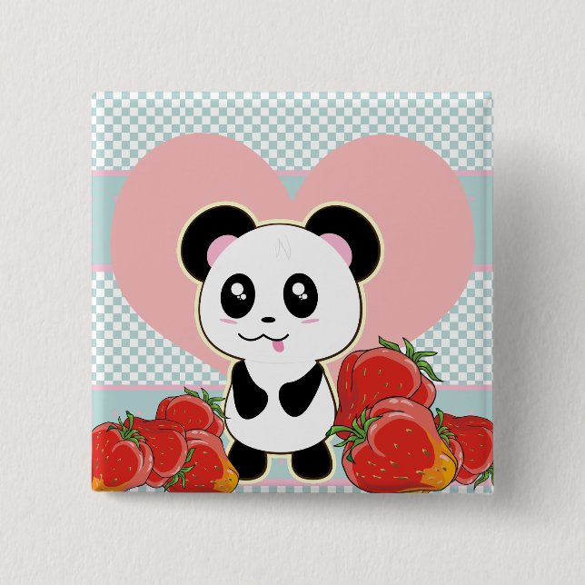 Kawaii Panda strawberries cute 2 Inch Square Button (Front)
