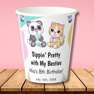 Kawaii Panda & Tiger Bubble Tea Kids Birthday Paper Cups