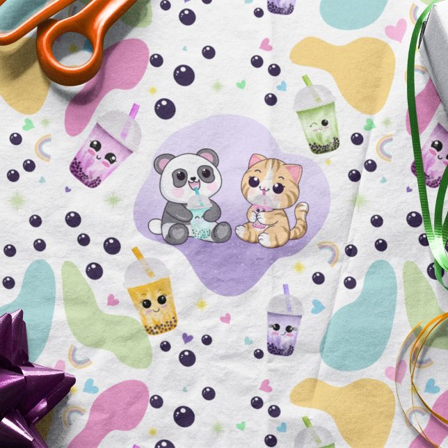 Kawaii Panda & Tiger Bubble Tea Kids Birthday  Tissue Paper (Creator Uploaded)