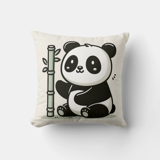 Kawaii Panda With Bamboo Illustration Throw Pillow (Front)