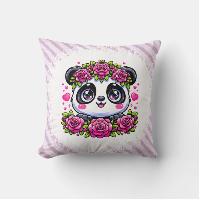 Kawaii Panda with Hearts and Roses Throw Pillow (Front)