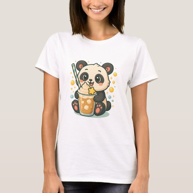 Kawaii Panda with Vanilla Frappuccino – Cute Panda T-Shirt (Front)