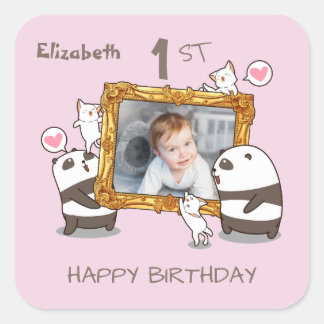 Kawaii pandas and cats photo frame 1st birthday square sticker