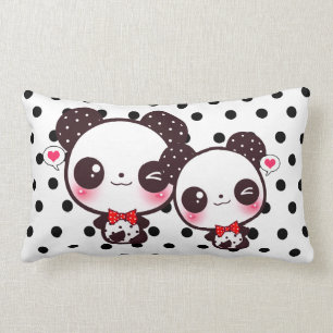Kawaii pandas on black polka dots lumbar pillow