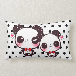 Kawaii pandas on black polka dots lumbar pillow