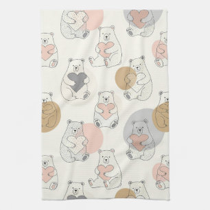 Kawaii Pastel Bear Heart Pattern Kitchen Towel