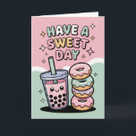 Kawaii Pastel Boba Tea and Doughnuts Sweet Birthda Card<br><div class="desc">Send some sweetness her way with this adorable Kawaii birthday card! Featuring a cute smiling boba tea and pastel-coloured doughnuts on a soft mint and pink background, this design is inspired by Japanese pop culture and "sweet" aesthetics. It's the perfect choice for a daughter, bestie, or any boba lover. Fully...</div>