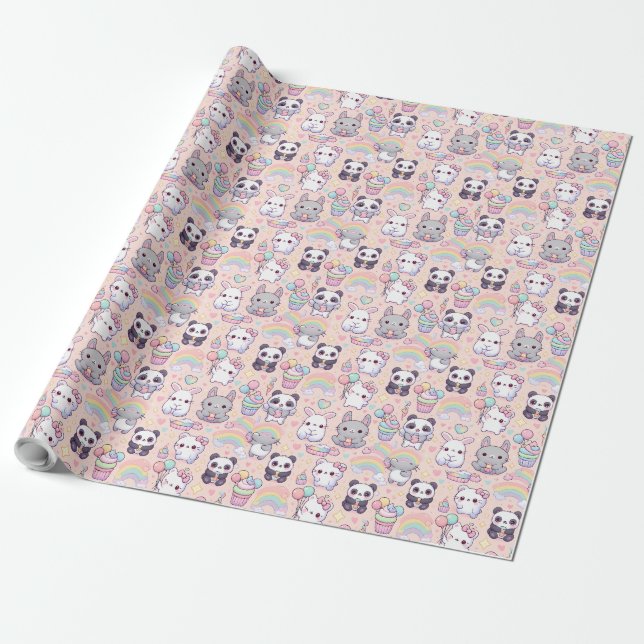 Kawaii Pastel Cats and Bunnies Wallpaper Wrapping Paper (Unrolled)