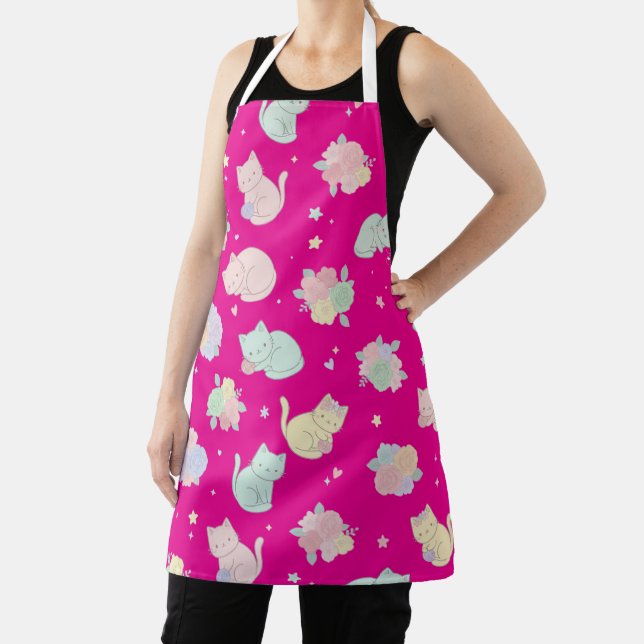 Kawaii Pastel Cats and Flowers Pattern Apron (Insitu)