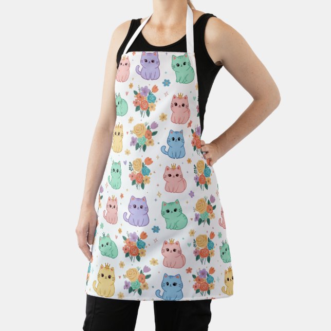 Kawaii Pastel Cats and Flowers Pattern Apron (Insitu)