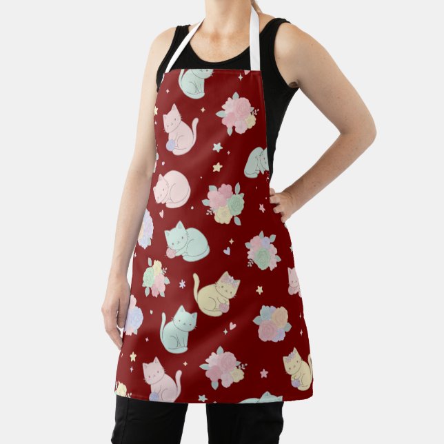 Kawaii Pastel Cats and Flowers Pattern Apron (Insitu)
