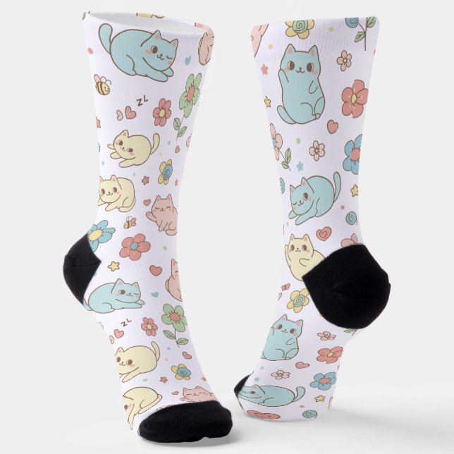 Kawaii Pastel Cats and Flowers Pattern Socks (Angled)