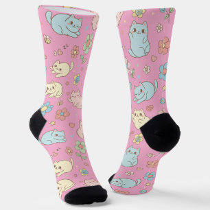 Kawaii Pastel Cats and Flowers Pattern Socks