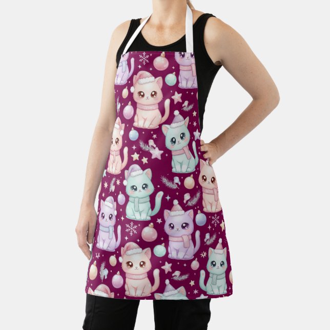 Kawaii Pastel Christmas Cats Apron for Cat Lovers (Insitu)