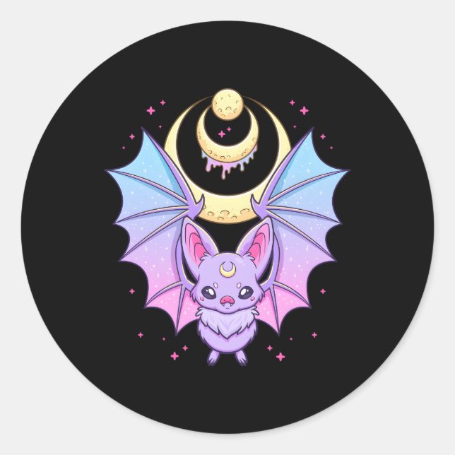 Kawaii Pastel Goth Creepy Crescent Moon Bat Classic Round Sticker (Front)