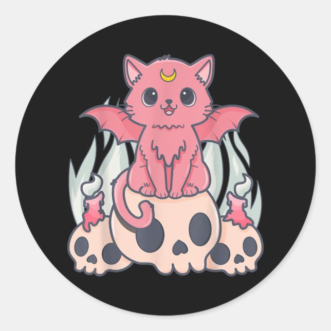Kawaii Pastel Goth Cute Creepy Demon Cat and Skull Classic Round Sticker (Front)