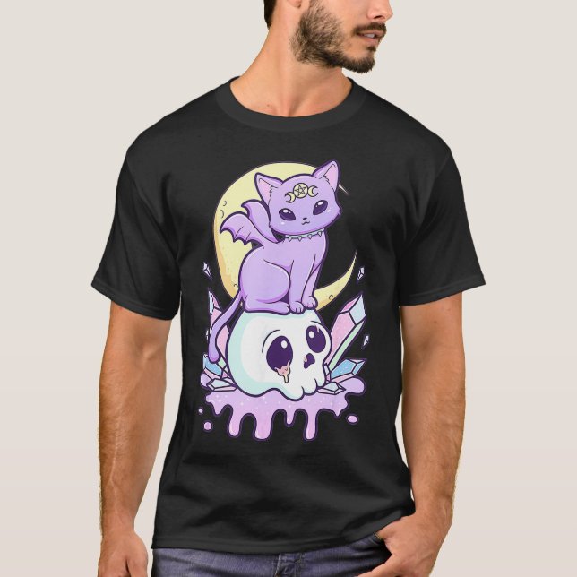 Kawaii Pastel Goth Cute Creepy Witchy Cat and Skul T-Shirt (Front)