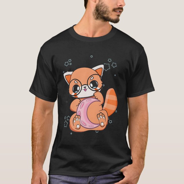 Kawaii Pastel Goth Red Panda Chibi Anime Moon T-Shirt (Front)