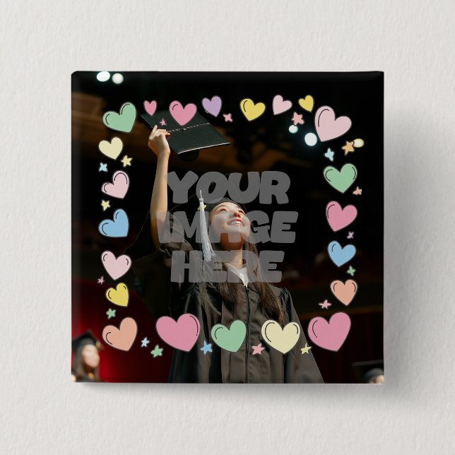 Kawaii Pastel Hearts Photo Border Customizable 2 Inch Square Button (Front)