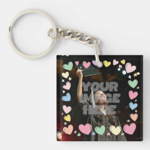 Kawaii Pastel Hearts Photo Border Customizable Keychain