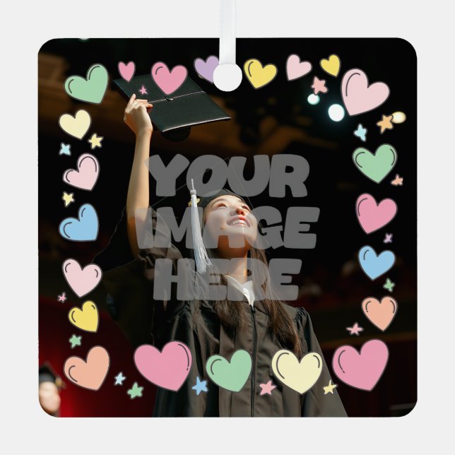 Kawaii Pastel Hearts Photo Border Customizable Metal Ornament (Front)