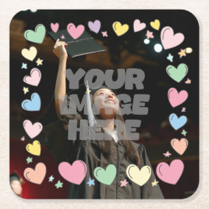 Kawaii Pastel Hearts Photo Border Customizable Square Paper Coaster