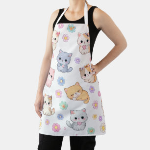 Kawaii Pastel Kitten and Floral Pattern Apron
