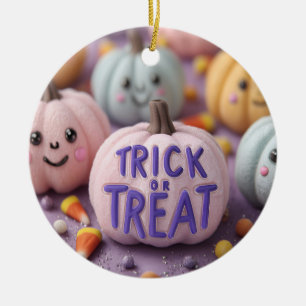 Kawaii Pastel Pumpkins with Trick or Treat Text Ceramic Ornament