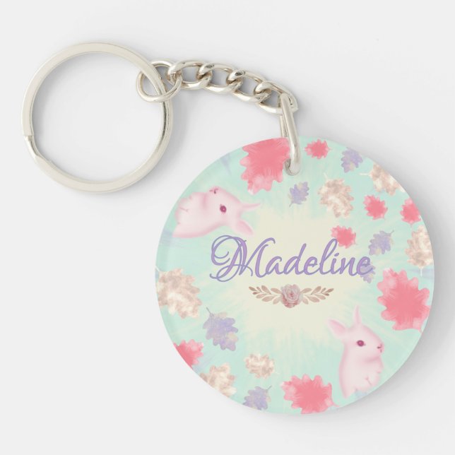 Kawaii Pastel Rabbit Charm Colourful Leaf Pattern Keychain (Front)