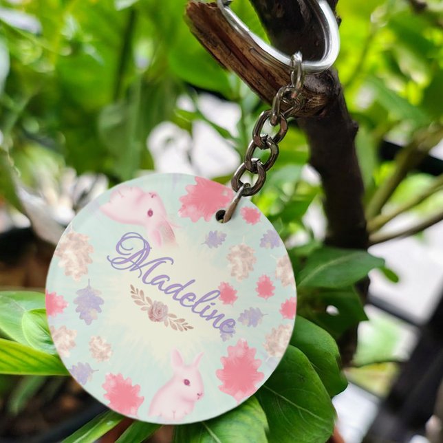 Kawaii Pastel Rabbit Charm Colourful Leaf Pattern Keychain (Creator Uploaded)