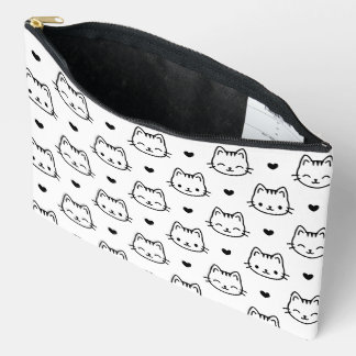 kawaii pattern cat faces hearts black and white accessory pouch