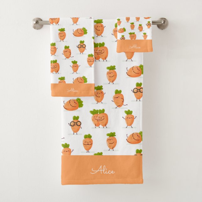Kawaii pattern of fun carrots bath towel set (Insitu)