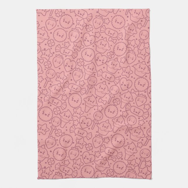 Kawaii pattern with cute cakes kitchen towel (Vertical)