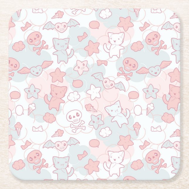 kawaii pattern with doodle square paper coaster (Front)