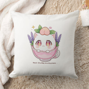 Kawaii Peach Cat in Lavender Teacup Throw Pillow