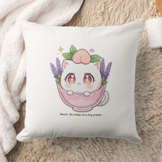 Kawaii Peach Cat in Lavender Teacup Throw Pillow