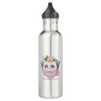Kawaii Peach Cat in Lavender Teacup Water Bottle