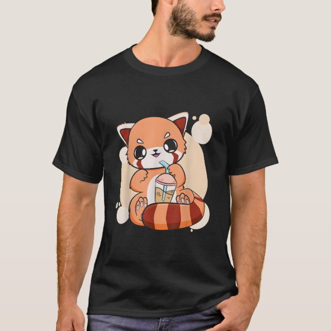 Kawaii Pearl Bubble Tea Red Panda Boba Anime T-Shirt (Front)