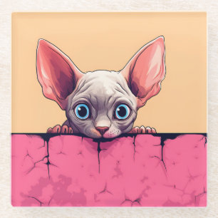 Kawaii Peeking Cute Sphynx Cat Glass Coaster