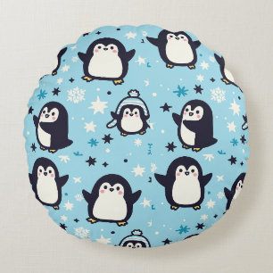 Kawaii Penguins With Winter Snowflakes Seamless Round Pillow