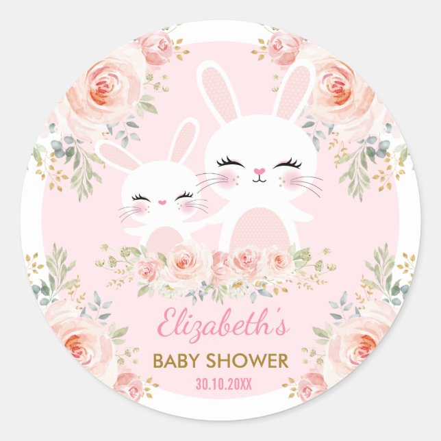 Kawaii Pink Bunny Rabbit Baby Shower Decoration Classic Round Sticker (Front)