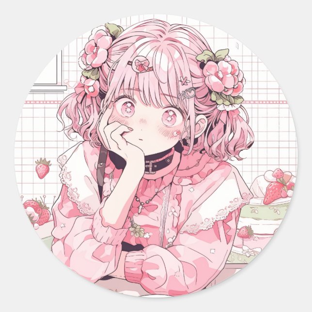 Kawaii Pink Cafe Anime Girl Classic Round Sticker (Front)