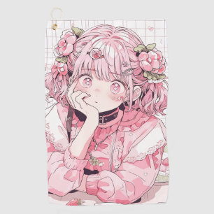 Kawaii Pink Cafe Anime Girl Golf Towel