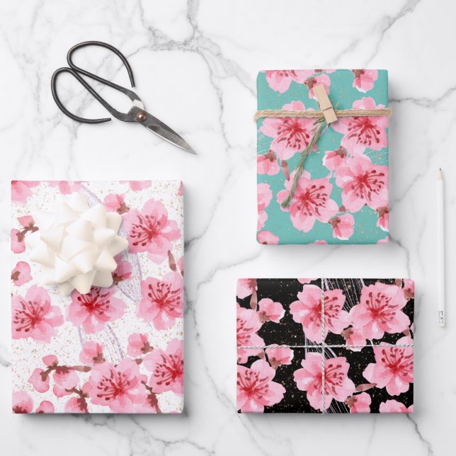 kawaii pink cherry blossoms wrapping paper sheet (Front)
