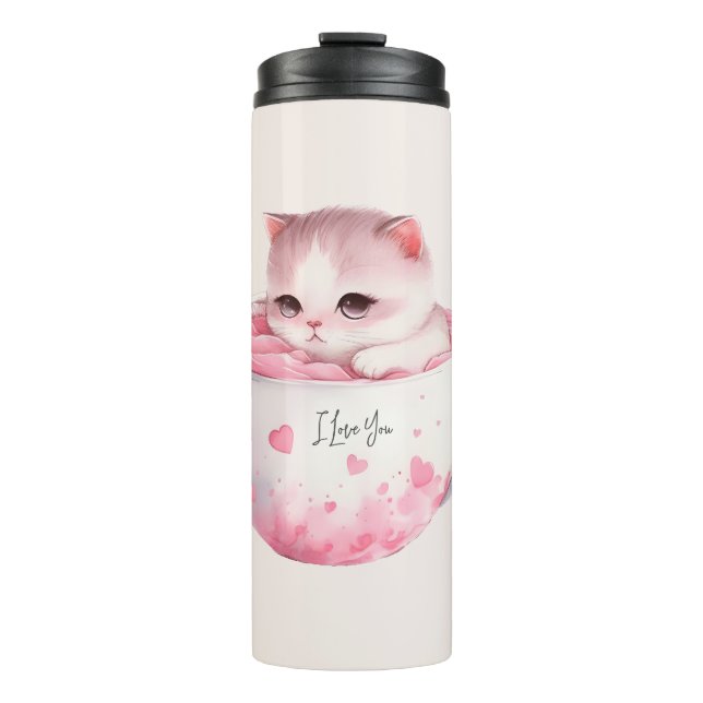 Kawaii Pink Chibi Cat With A Cute Crown Thermal Tumbler (Front)