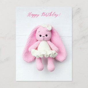 Kawaii Pink Crochet Bunny – Happy Birthday Postcard